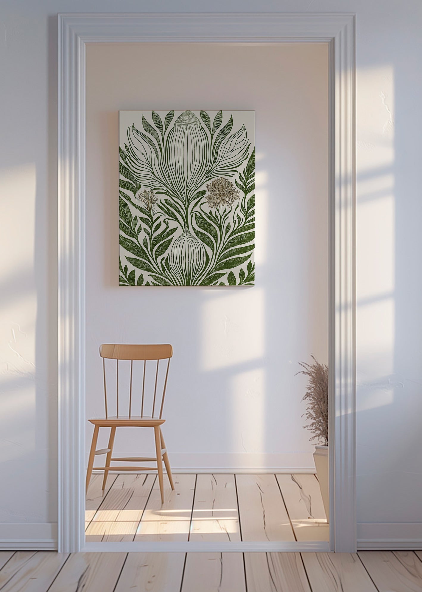 Lámina botánica con hojas verdes y trazo lineal – Canvas