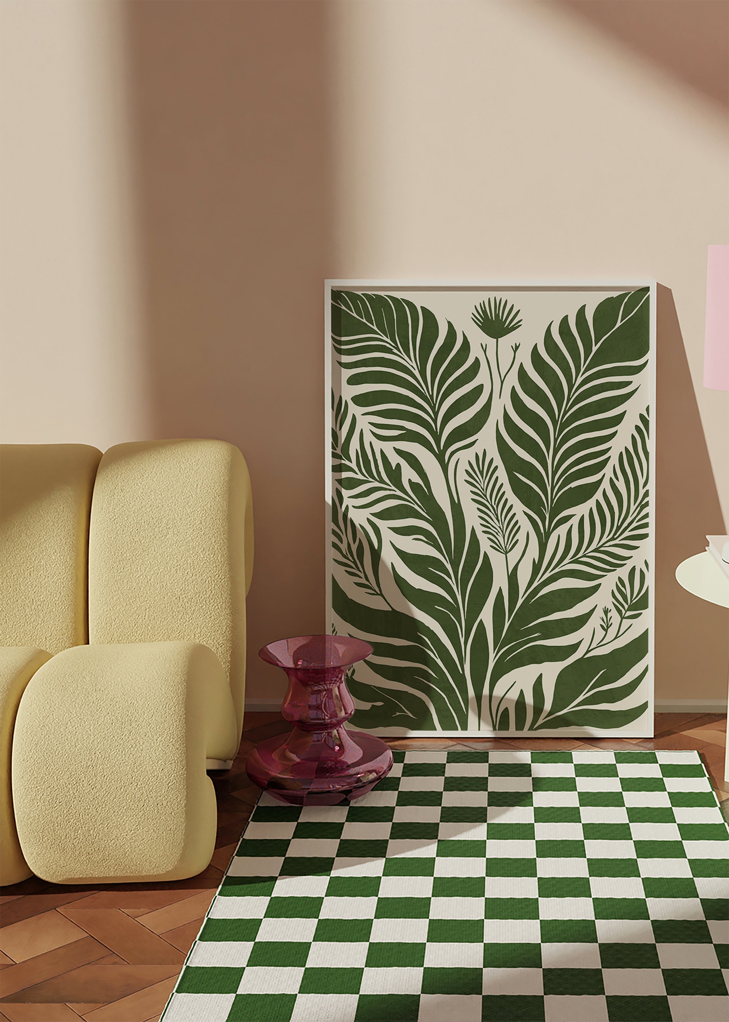 Lámina botánica de hojas verdes sobre fondo beige – Product1