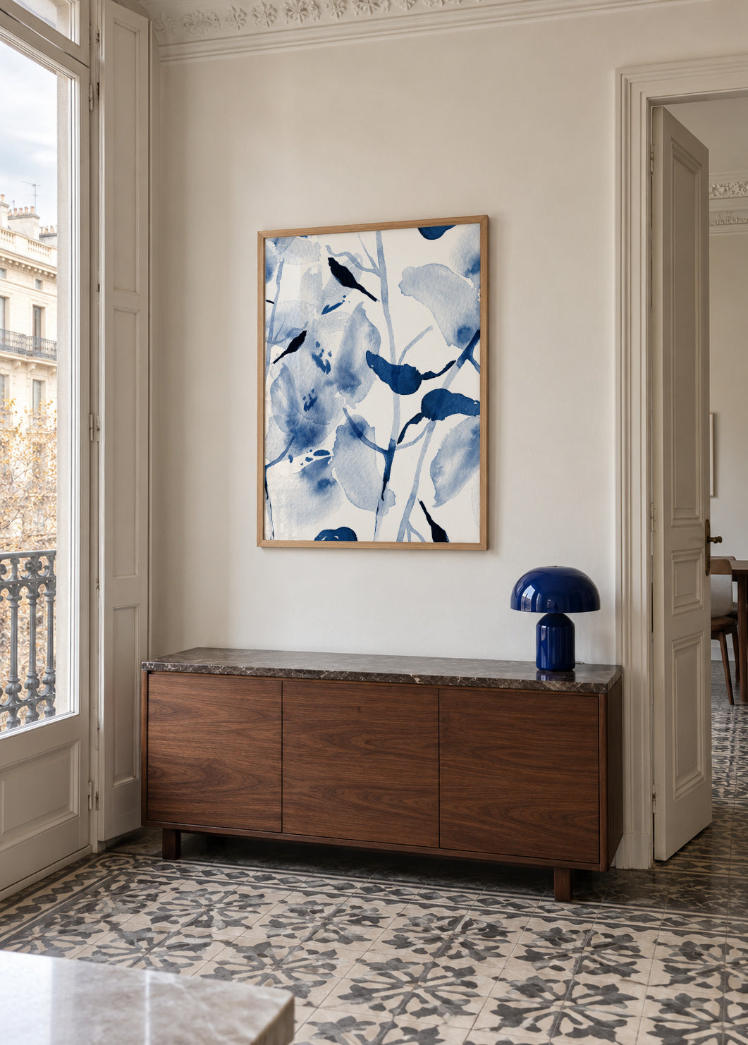Brushstrokes And Silhouettes Of Birds On Branches - Framed poster in an interior