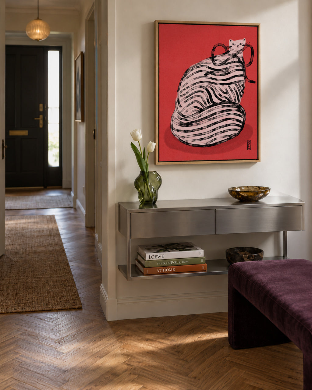 Black and White Stripe Cat Illustration Poster - Framed canvas in an interior