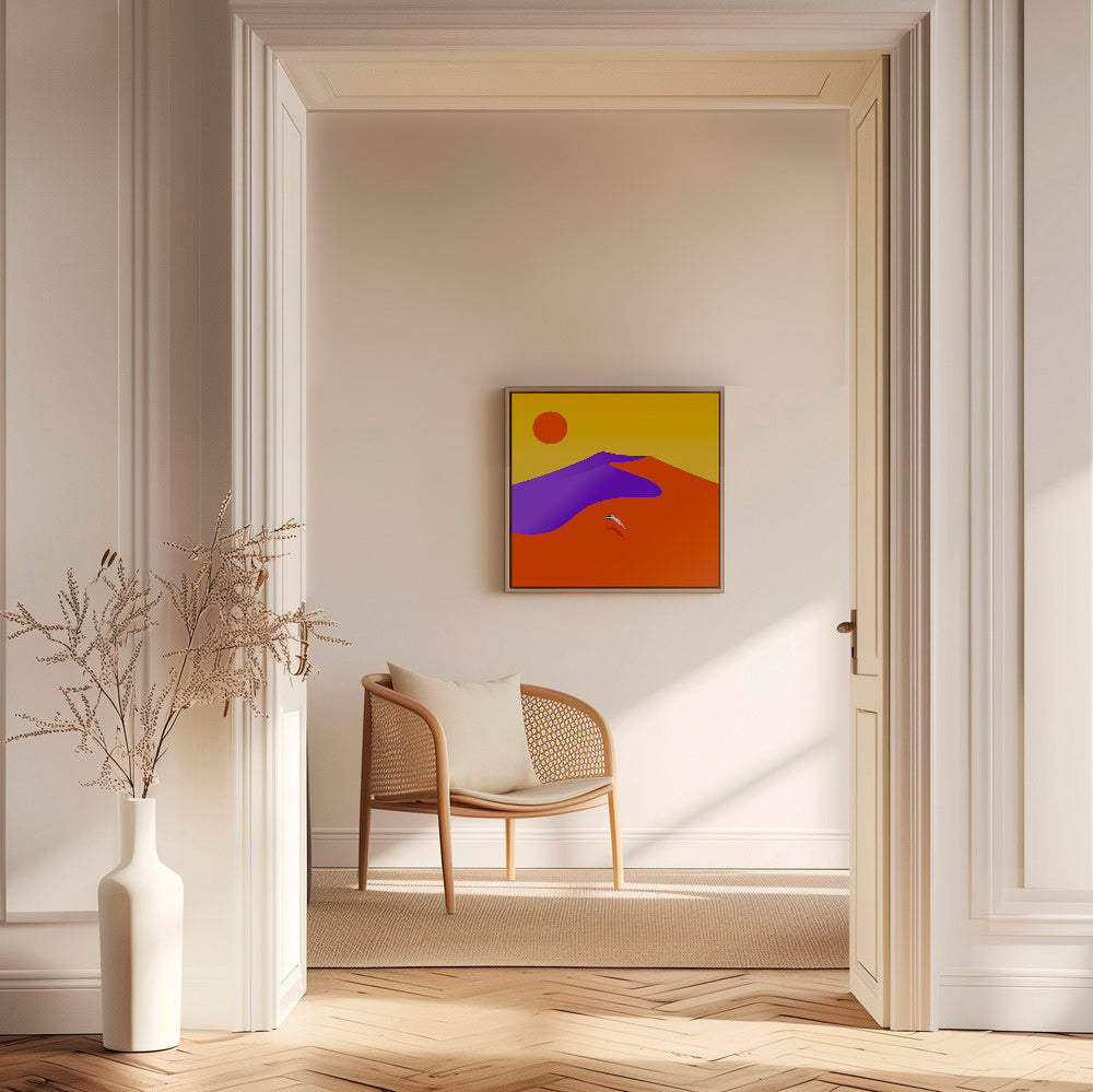 Cuadro abstracto con figura flotante y sol – Canvas1