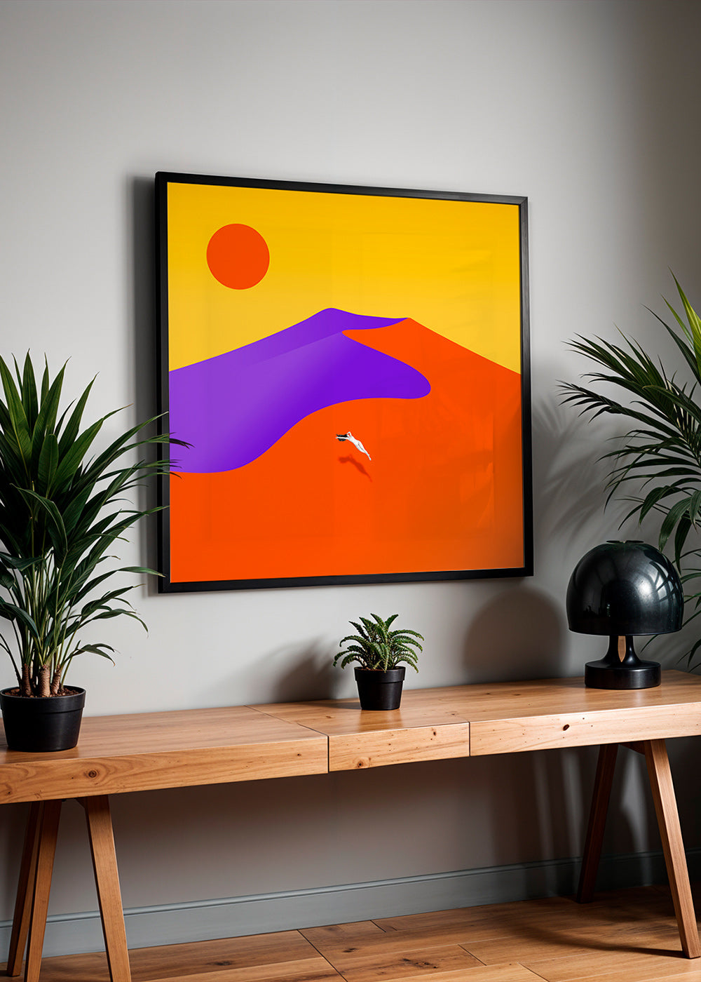 Cuadro abstracto con figura flotante y sol – Product1