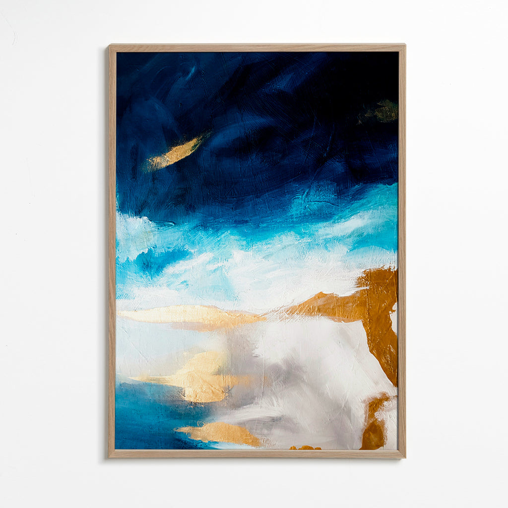 Cuadro abstracto azul y dorado en textura – Oak Frame
