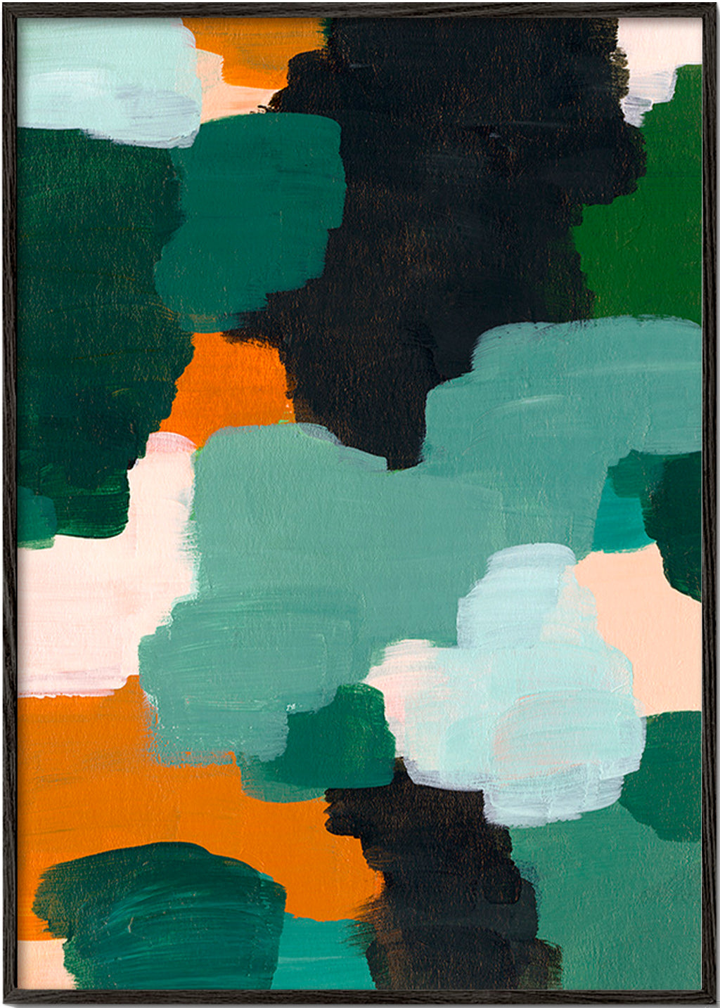 Cuadro abstracto con pinceladas verdes y ocre – Black Frame