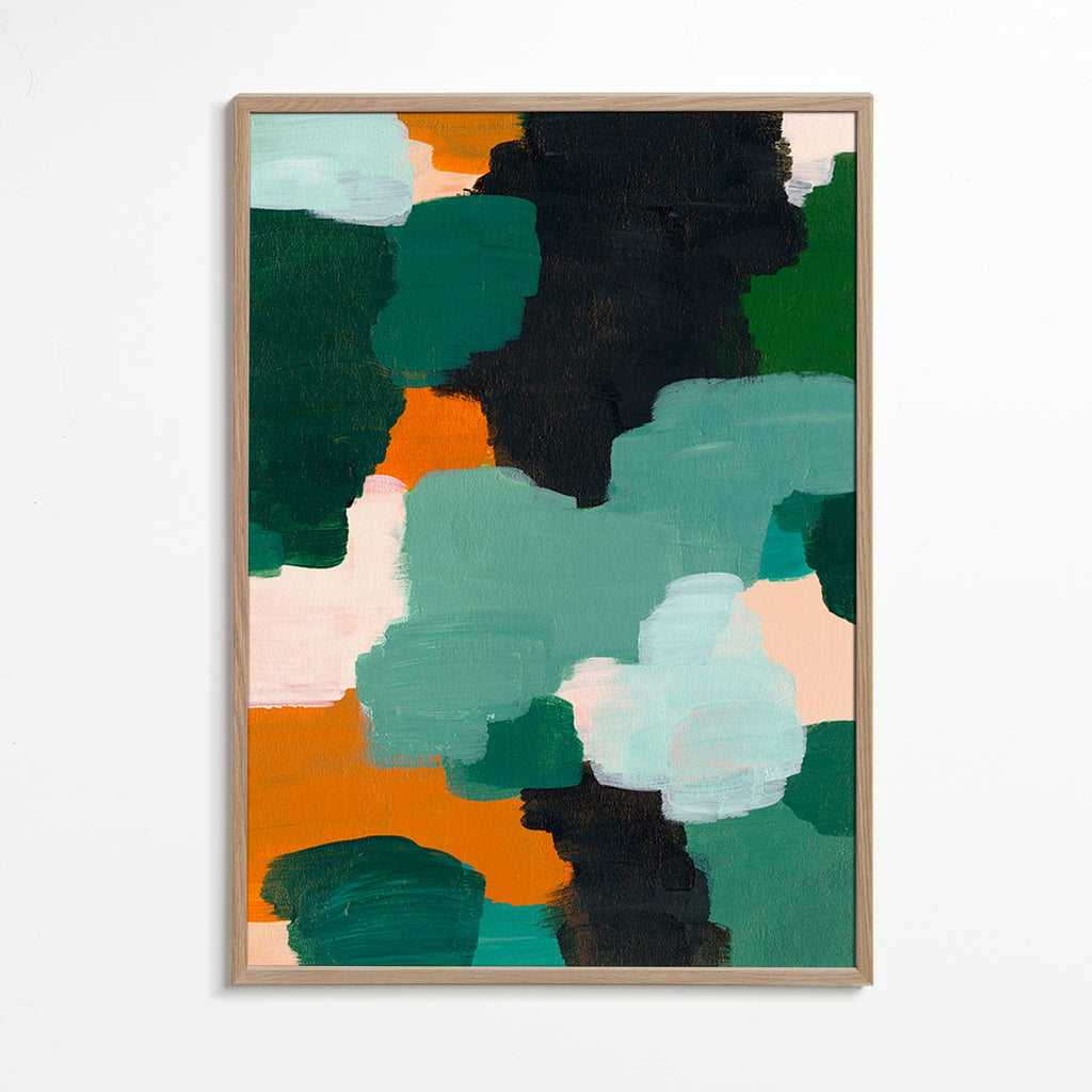 Cuadro abstracto con pinceladas verdes y ocre – Oak Frame