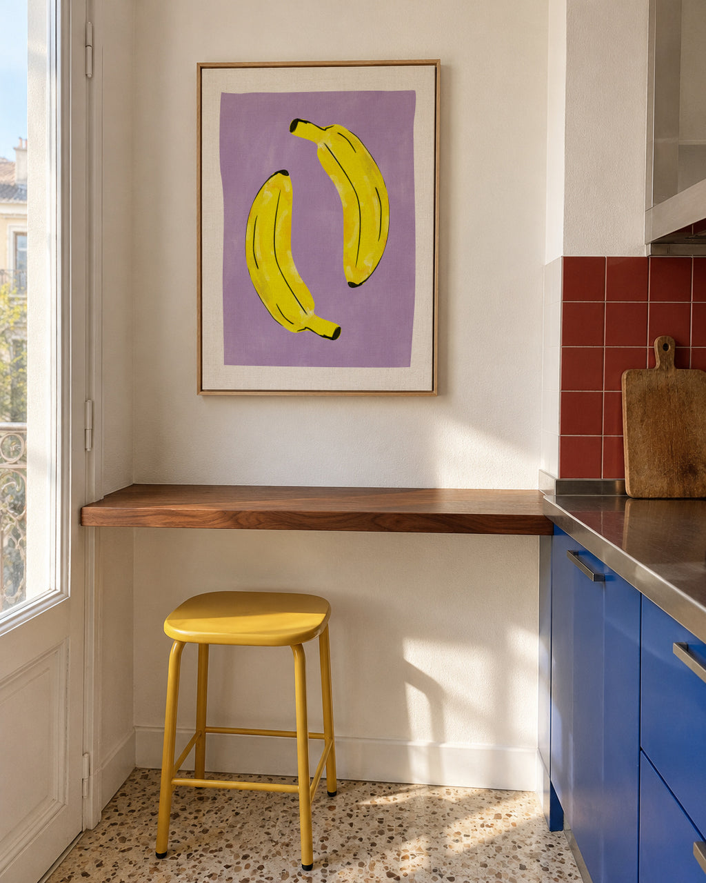 Two Vibrant Yellow Bananas - Framed canvas in an interior