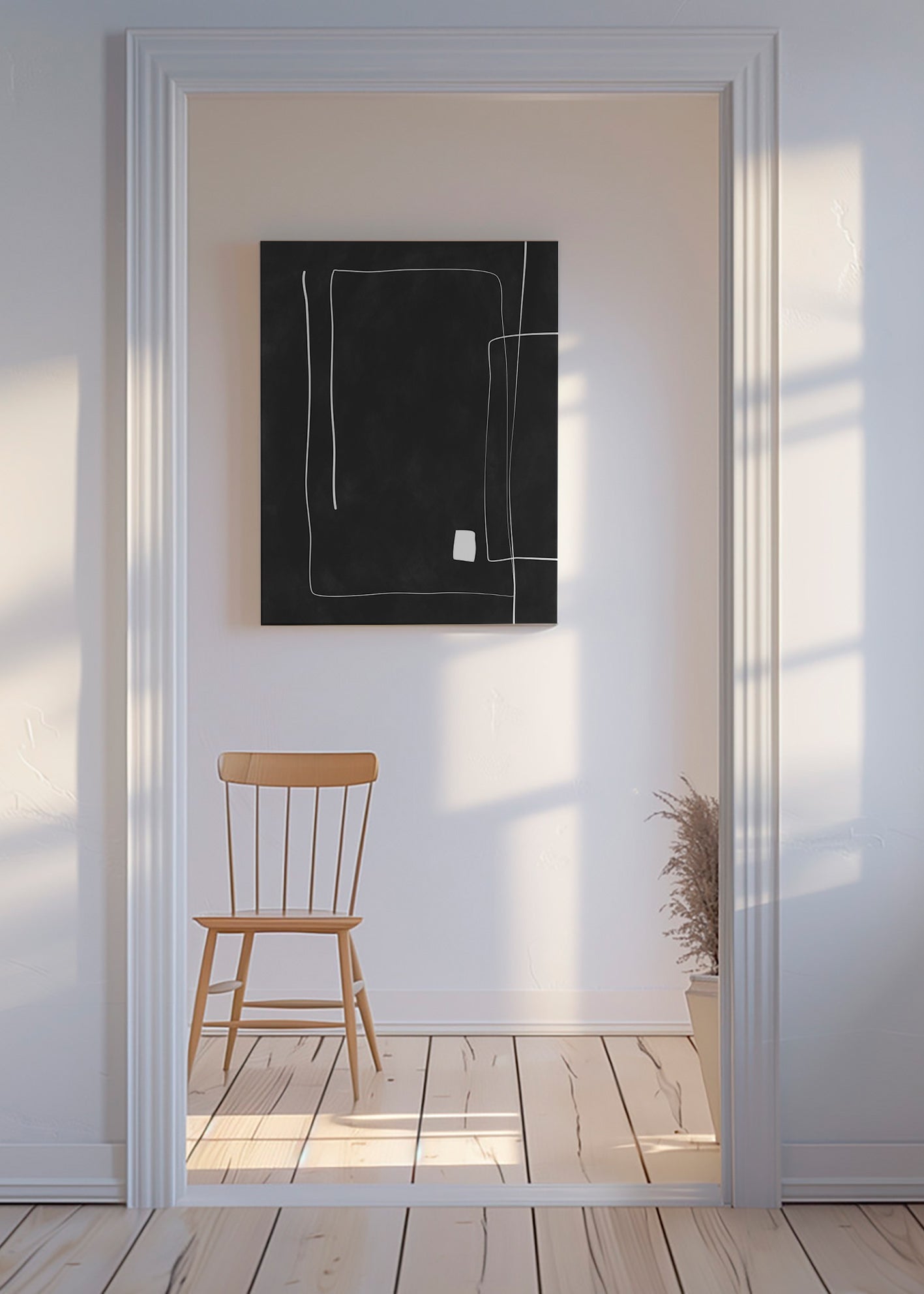 Cuadro minimalista de líneas blancas sobre fondo negro – Canvas