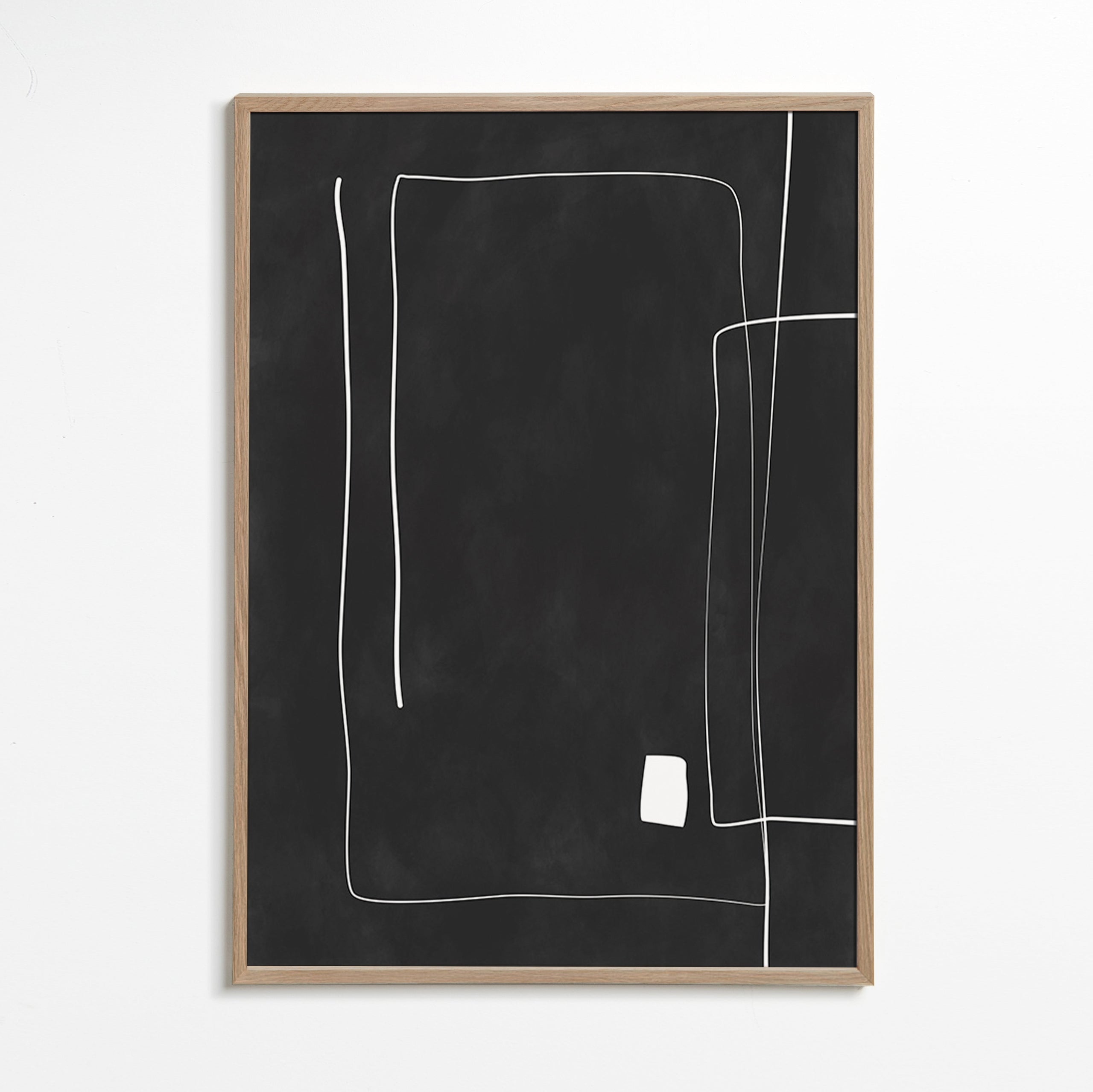 Cuadro minimalista de líneas blancas sobre fondo negro – Oak Frame