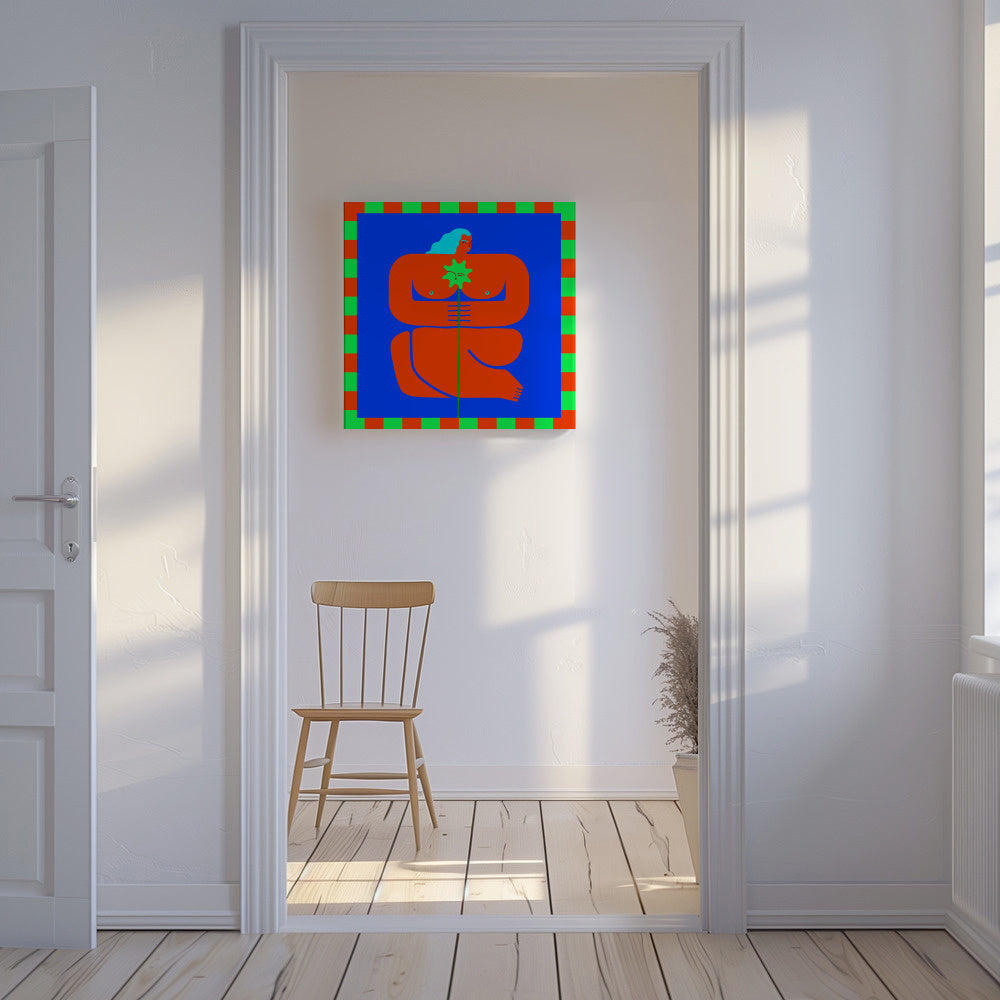 Stylized Human Form with Vibrant Orange and Blue Hues - Unframed canvas in an interior