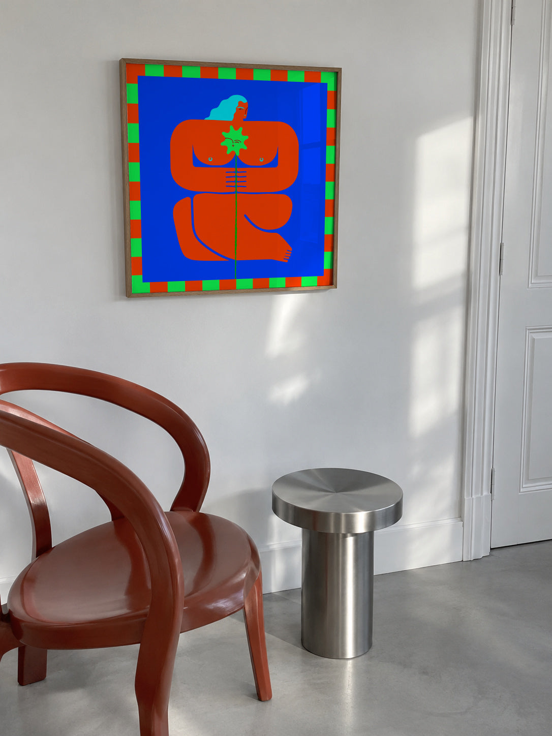 Stylized Human Form with Vibrant Orange and Blue Hues - Framed poster in an interior