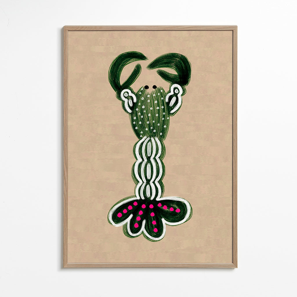 Cuadro de langosta verde ilustrada – Oak Frame
