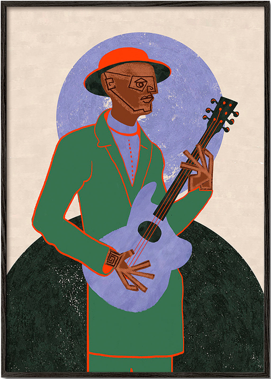 Ilustración músico con guitarra y halo geométrico – Black Frame