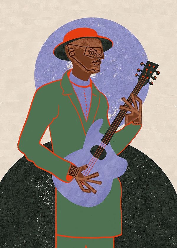 Ilustración músico con guitarra y halo geométrico