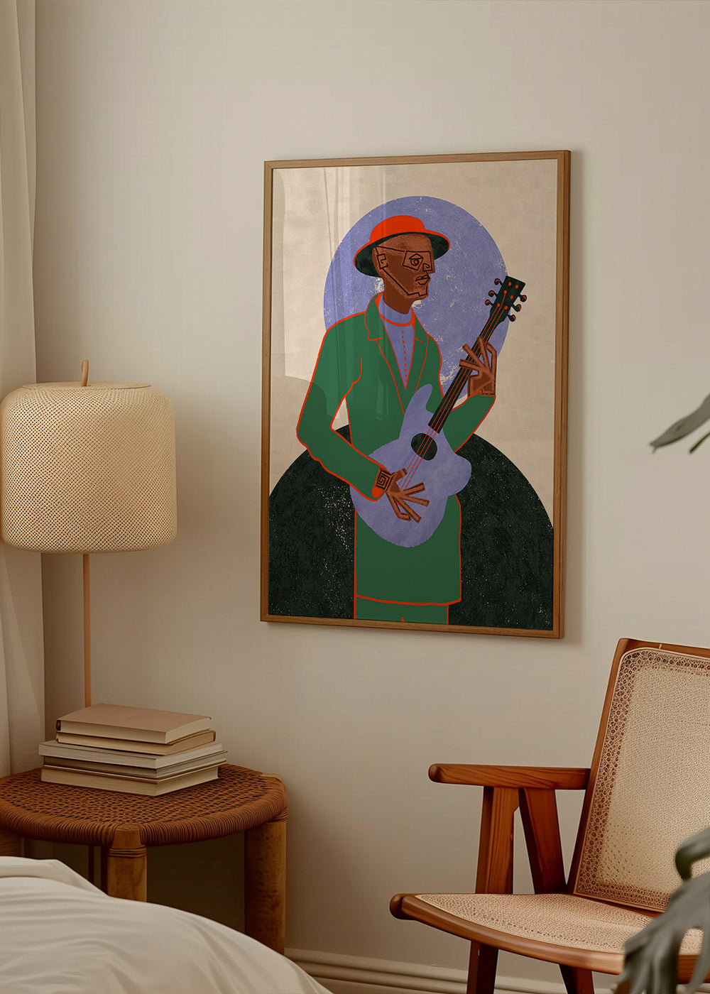 Ilustración músico con guitarra y halo geométrico – Product2