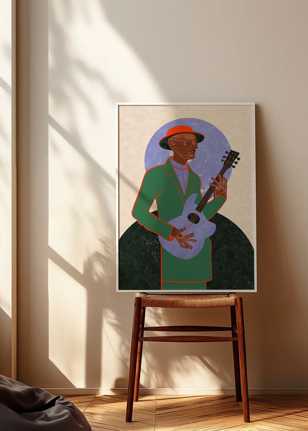 Ilustración músico con guitarra y halo geométrico – Product3