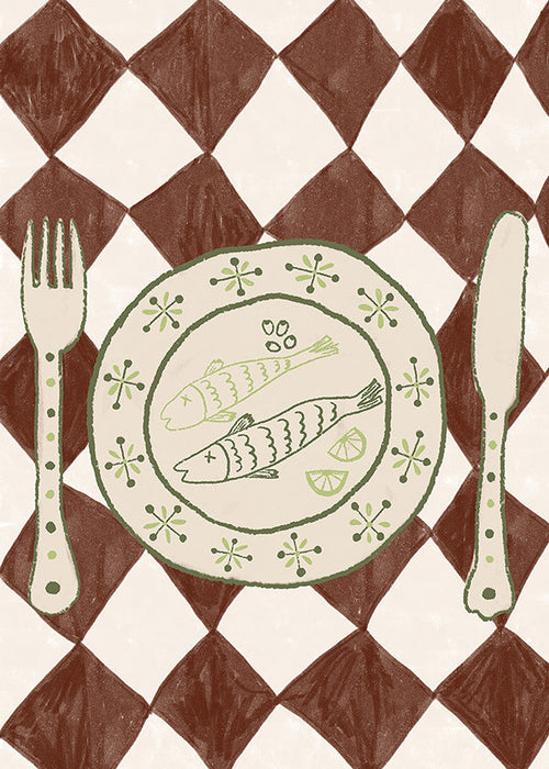 Cuadro de cocina con plato de pescado y mantel de rombos