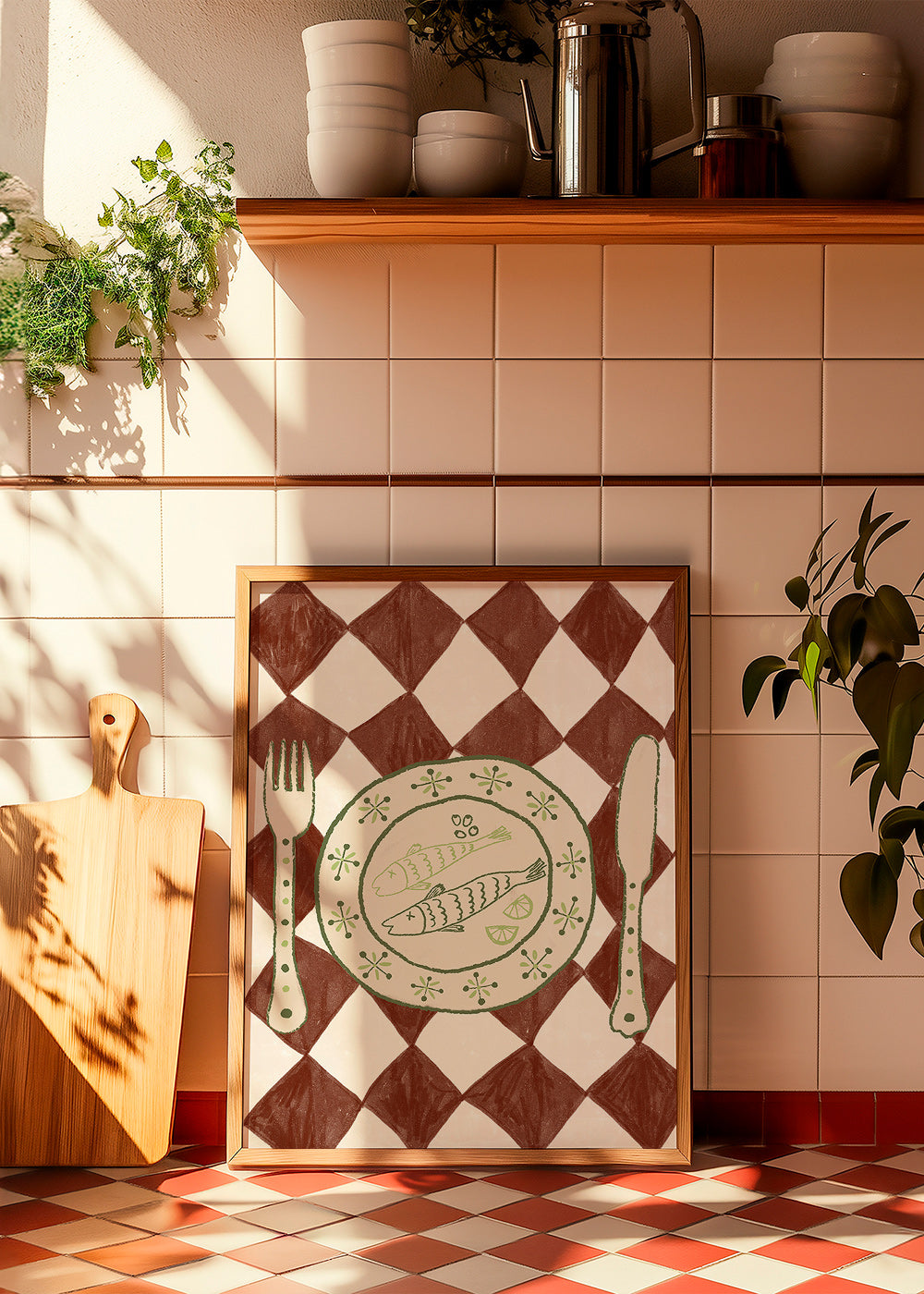 Cuadro de cocina con plato de pescado y mantel de rombos – Product3