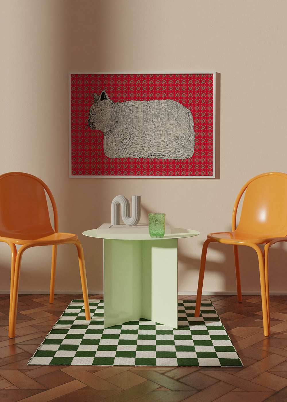 Cuadro gato en perfil sobre patrón rojo – Product1