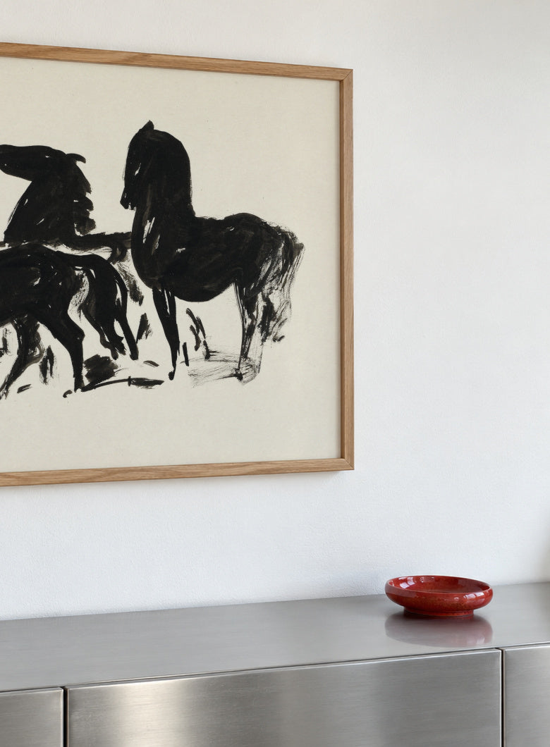 Drie Zwarte Paarden Staand Naar Links Kijkend - Framed poster detail