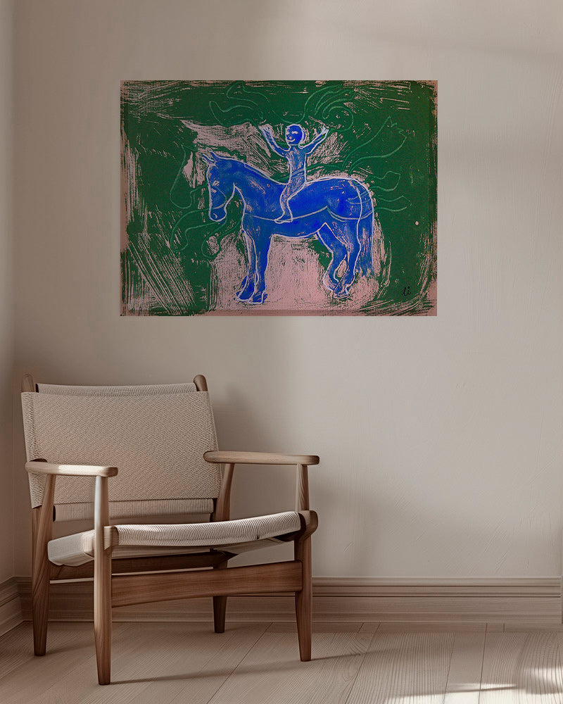 Cuadro caballo azul con jinete en fondo gestual – Canvas