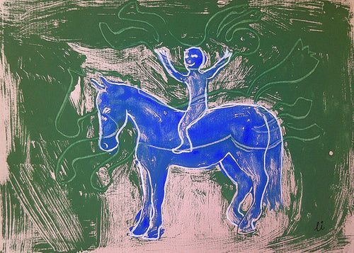 Cuadro caballo azul con jinete en fondo gestual