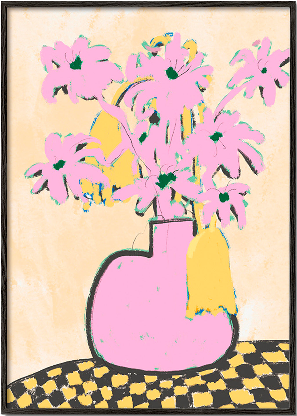 Lámina botánica con jarrón rosa y flores – Black Frame