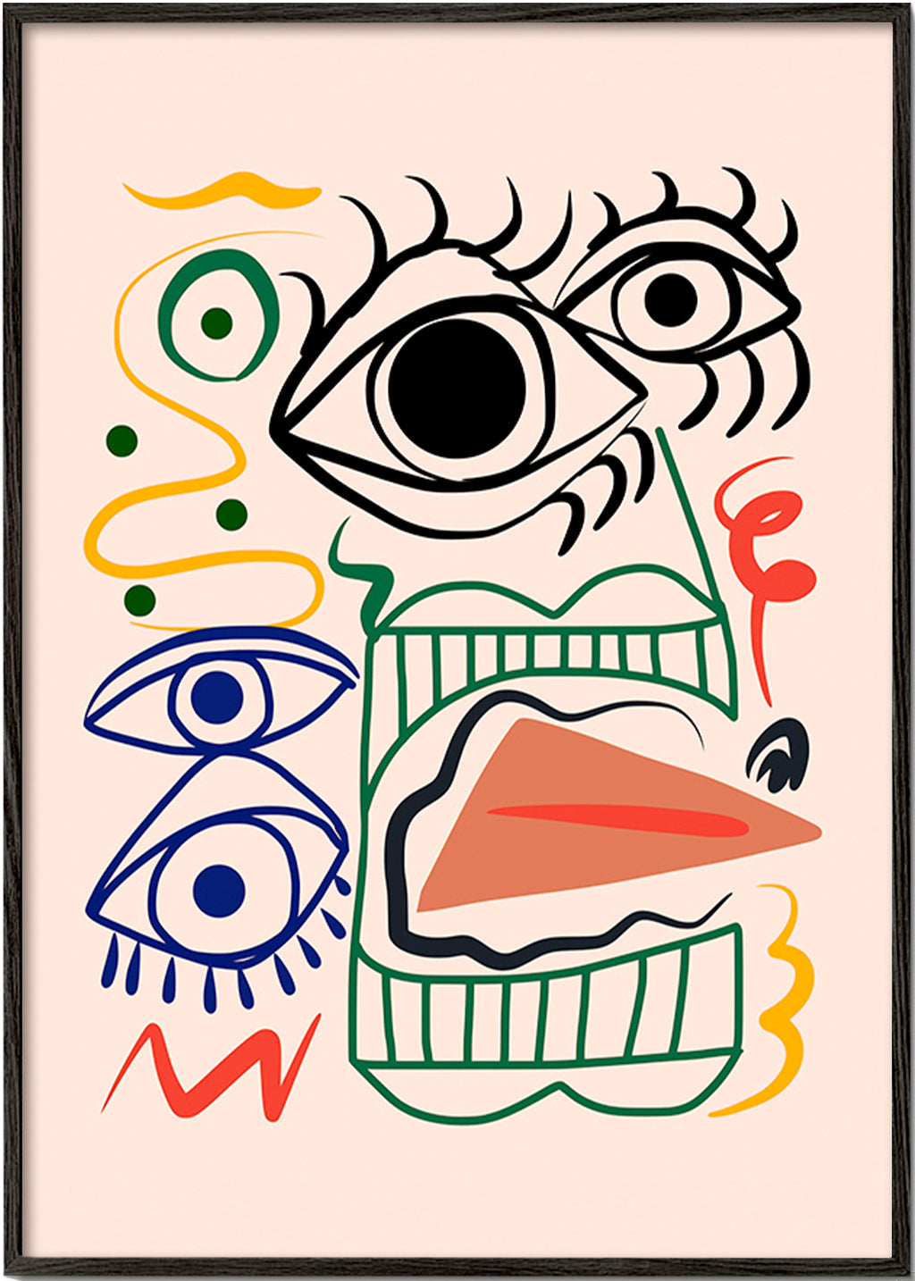 Ilustración lineal con rostros y ojos – Black Frame