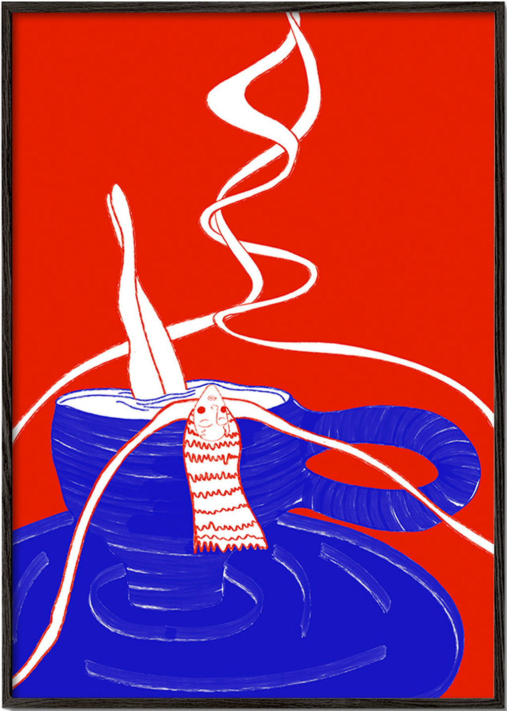 Cuadro de cocina con taza azul y figura sumergida – Black Frame