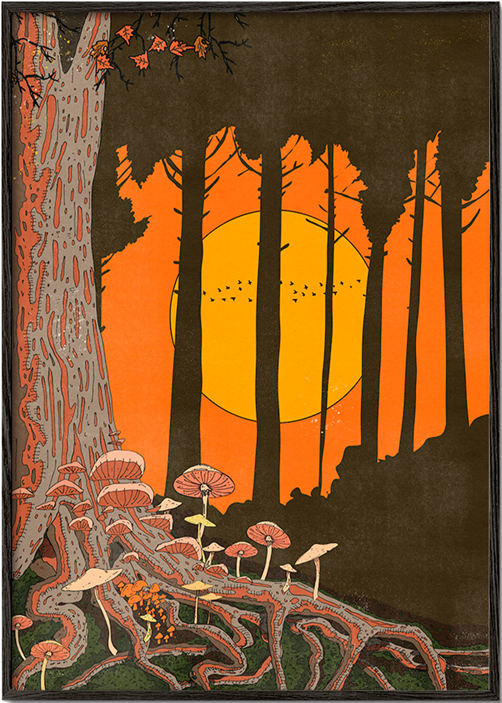 Ilustración de bosque al atardecer con hongos – Black Frame