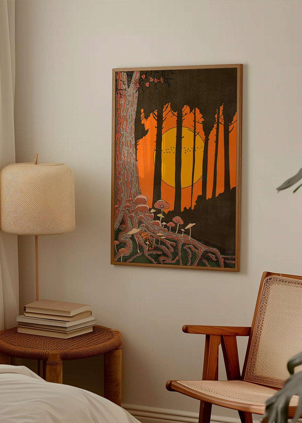 Ilustración de bosque al atardecer con hongos – Product2