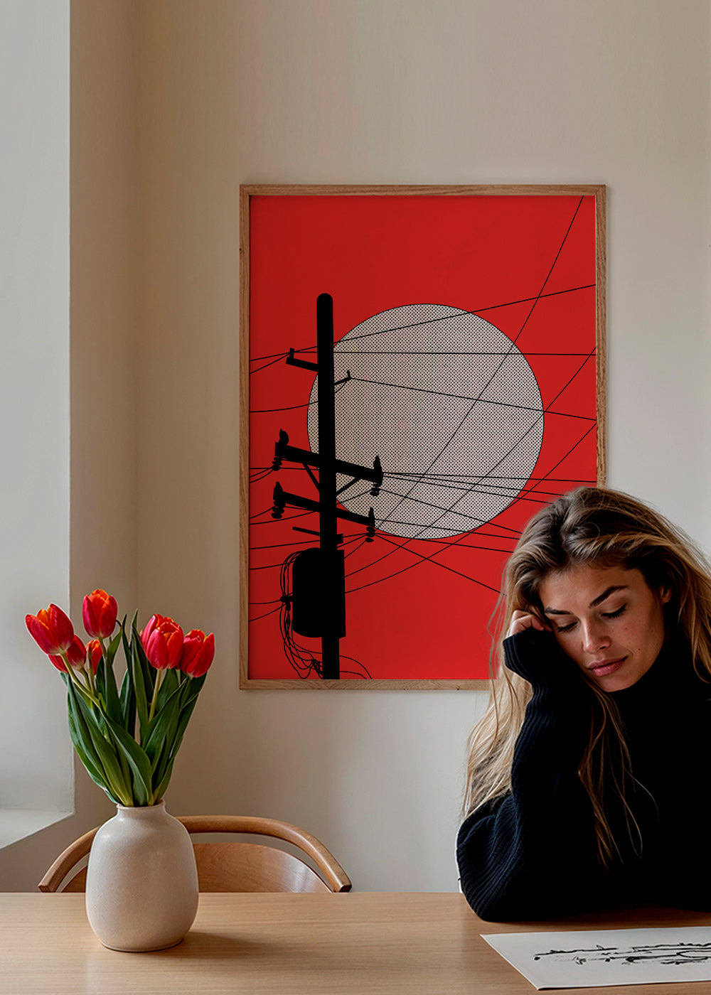 Ilustración minimalista de sol japonés y poste – Product1