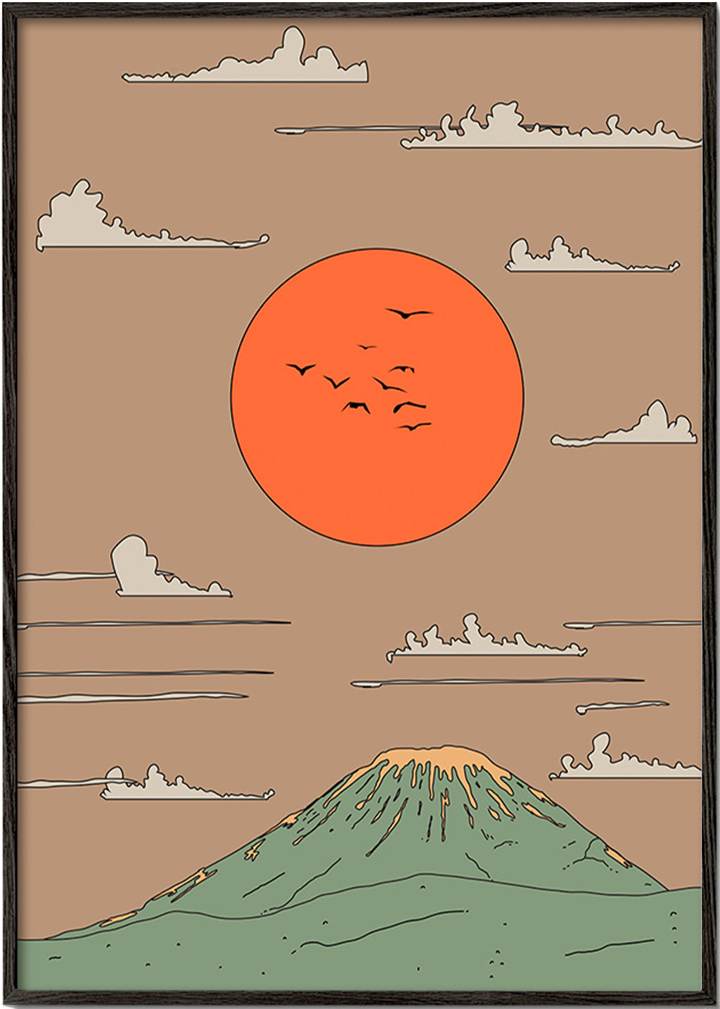 Ilustración japonesa con amanecer y monte estilizado – Black Frame