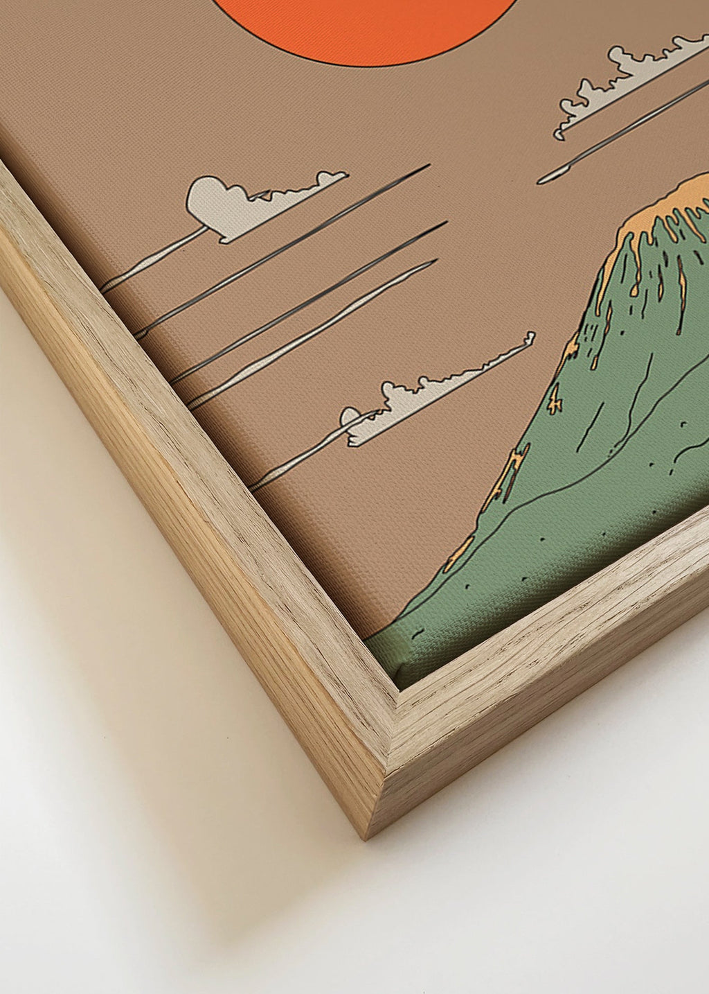 Ilustración japonesa con amanecer y monte estilizado – Canvas detail