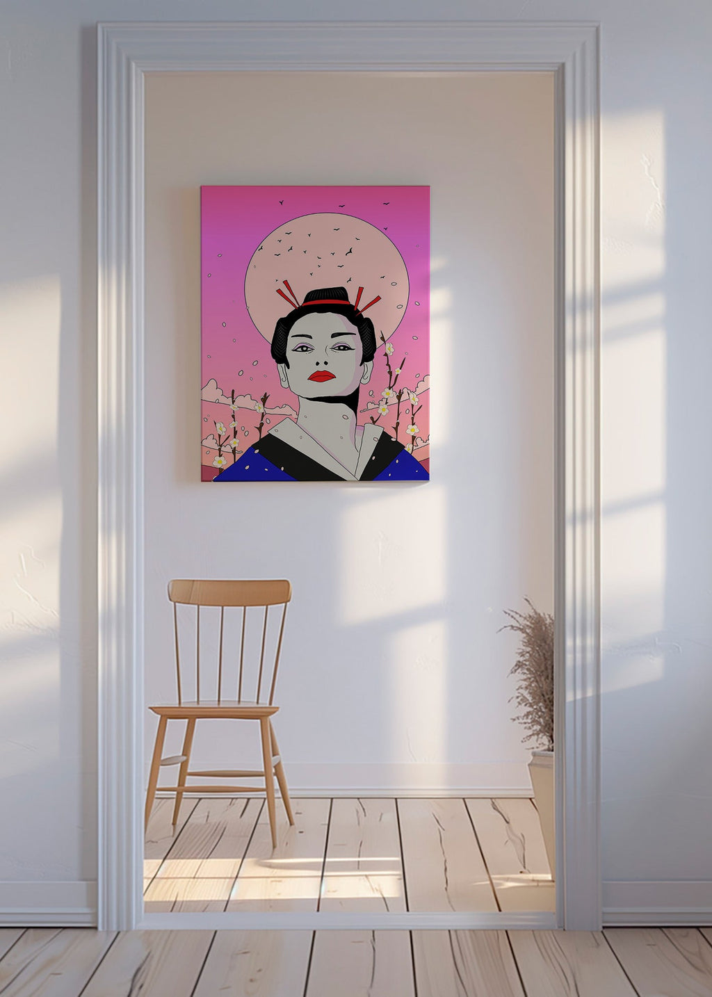 Ilustración de geisha japonesa sobre luna rosa – Canvas