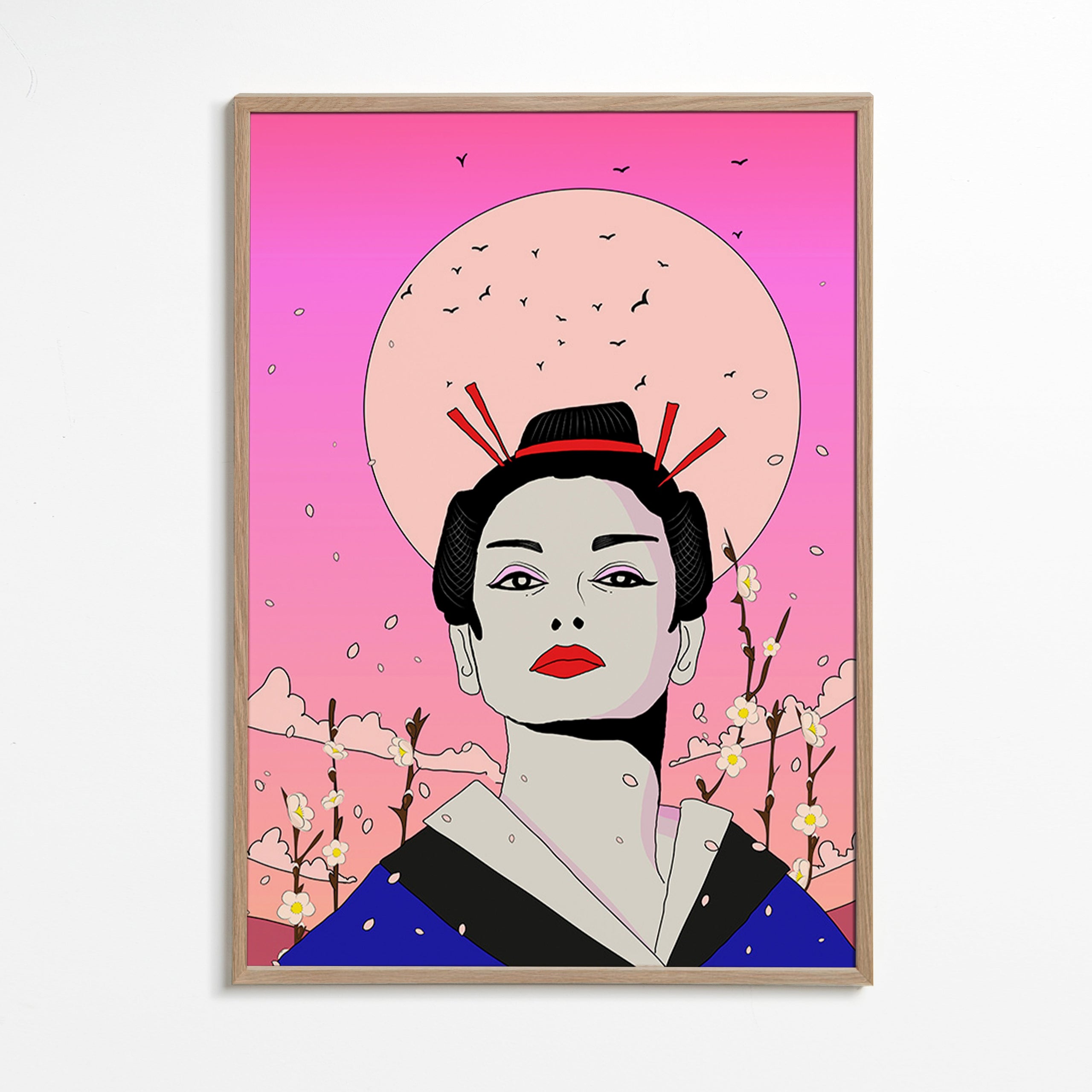 Ilustración de geisha japonesa sobre luna rosa – Oak Frame