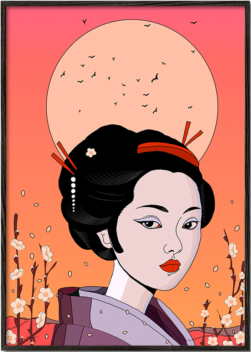 Ilustración geisha en atardecer coral – Black Frame