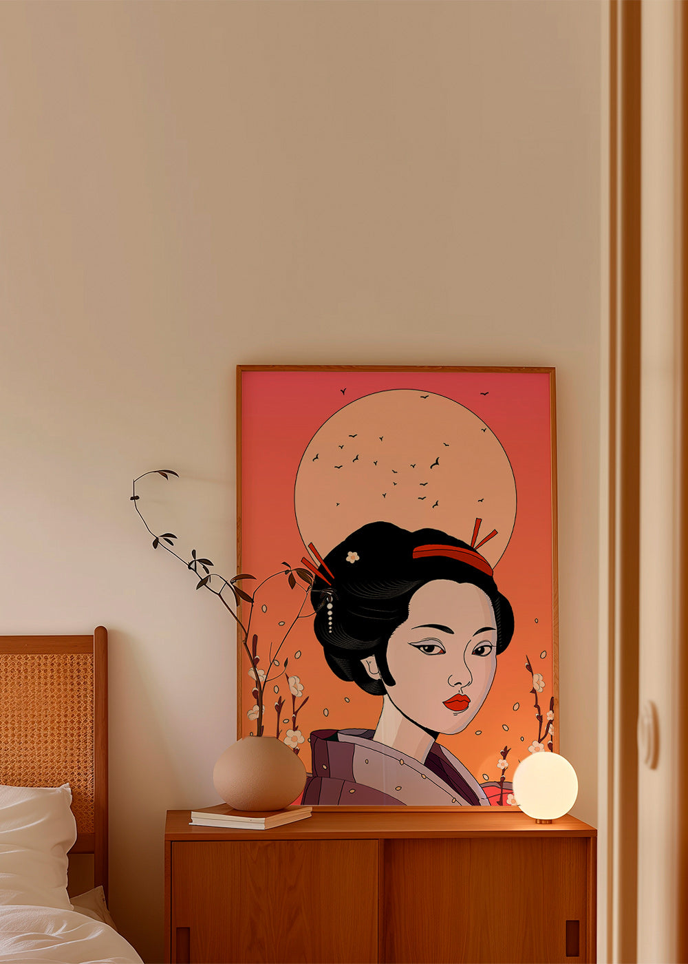 Ilustración geisha en atardecer coral – Product2