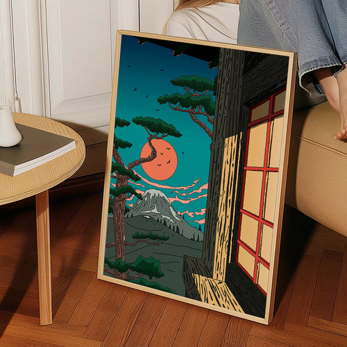 Cuadro de paisaje con pino y monte al atardecer – Product1