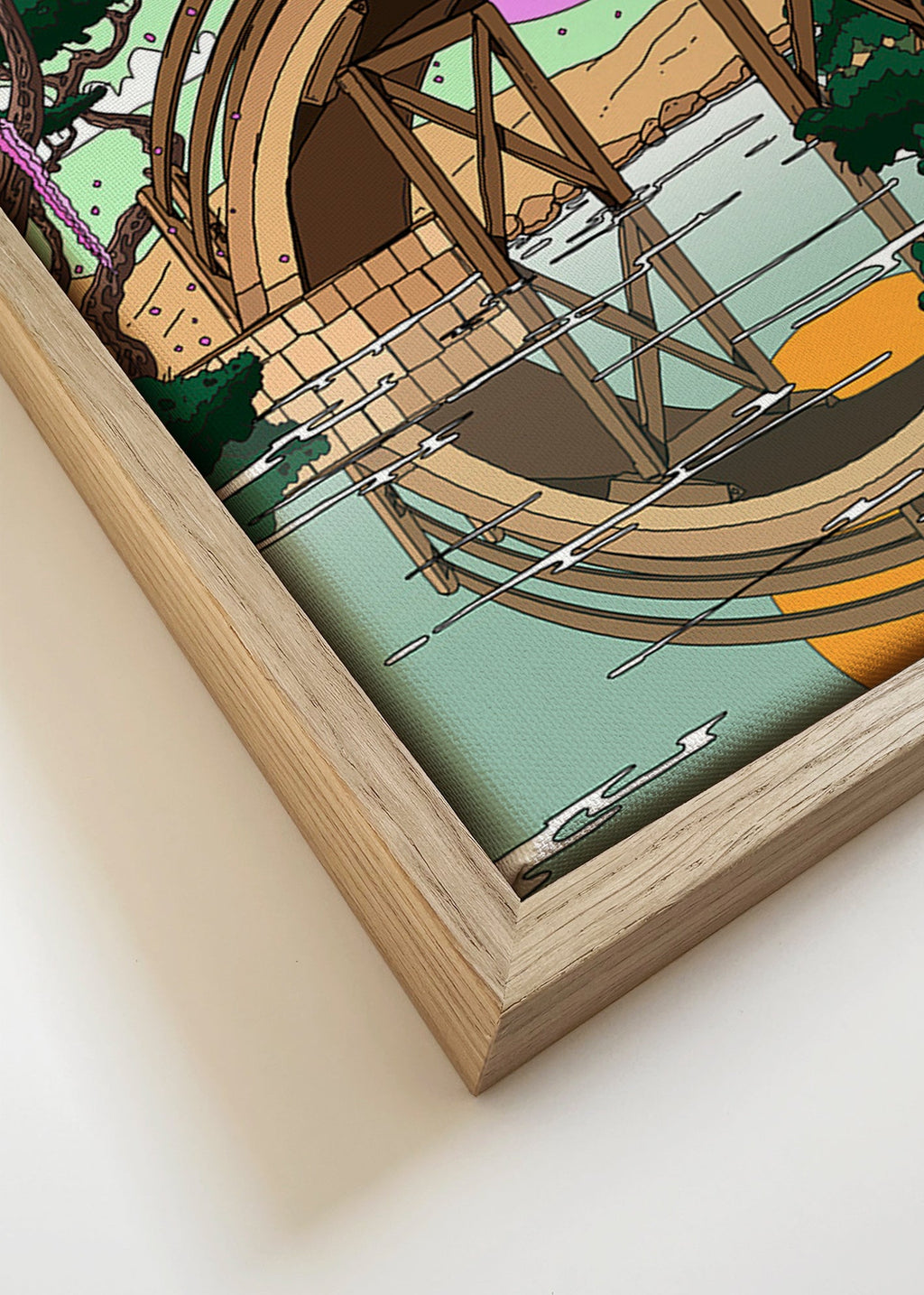 Cuadro de paisaje con puente arqueado y reflejo – Canvas detail