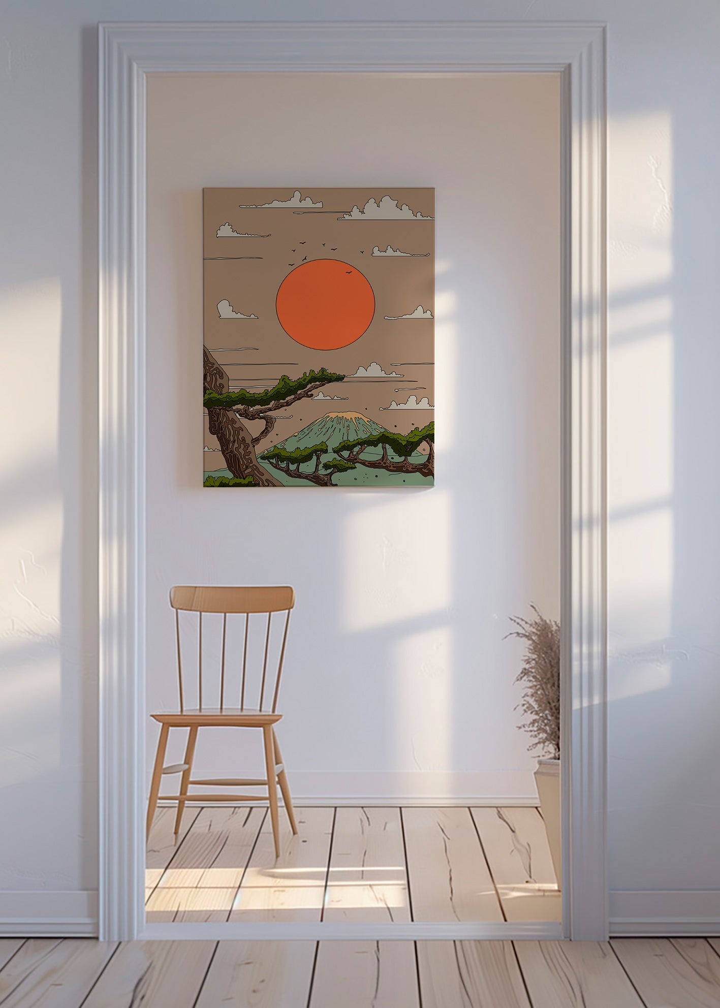 Cuadro de paisaje con sol naranja y pinos estilizados – Canvas