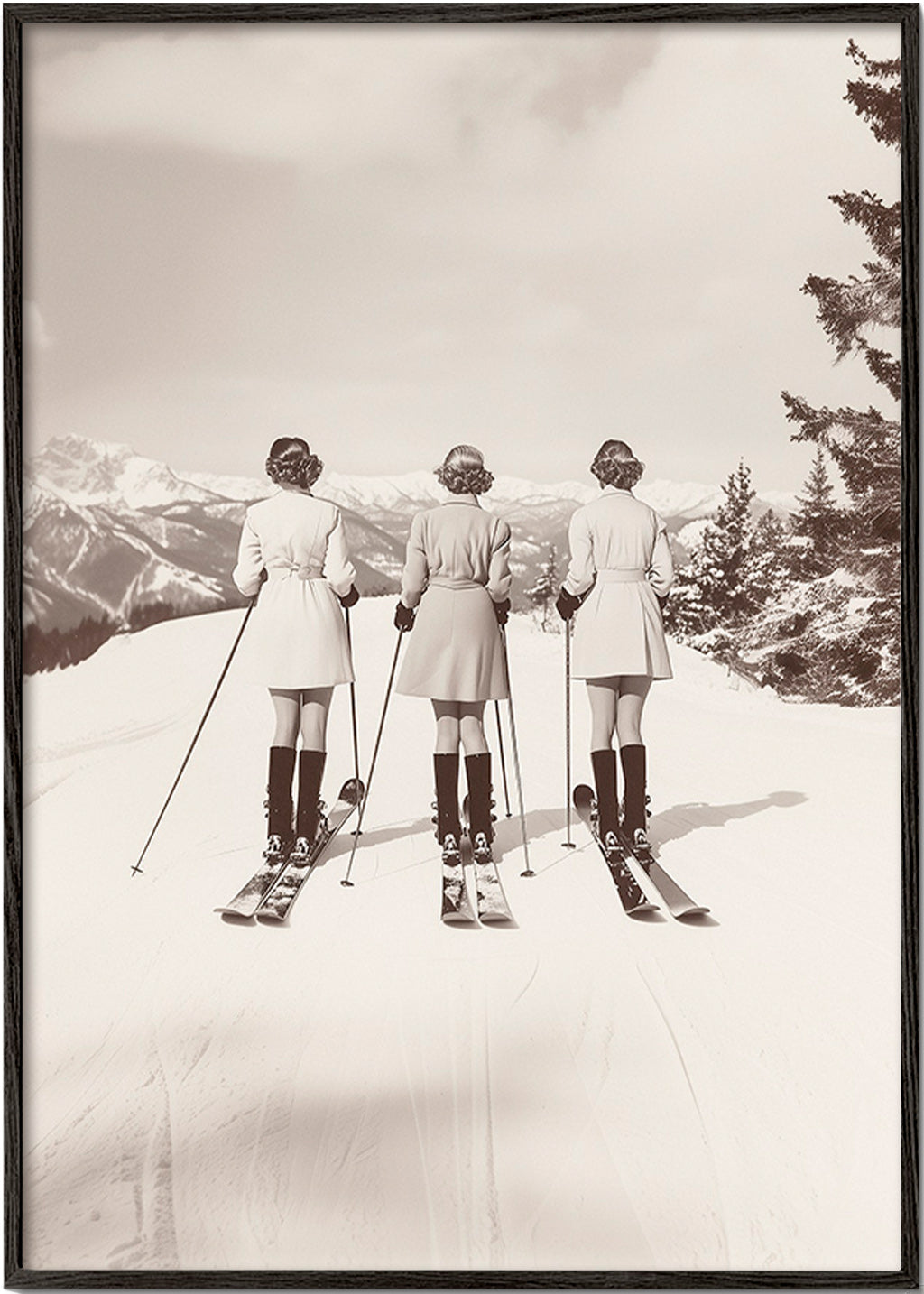 Cuadro vintage: esquiadoras retro en fila – Black Frame