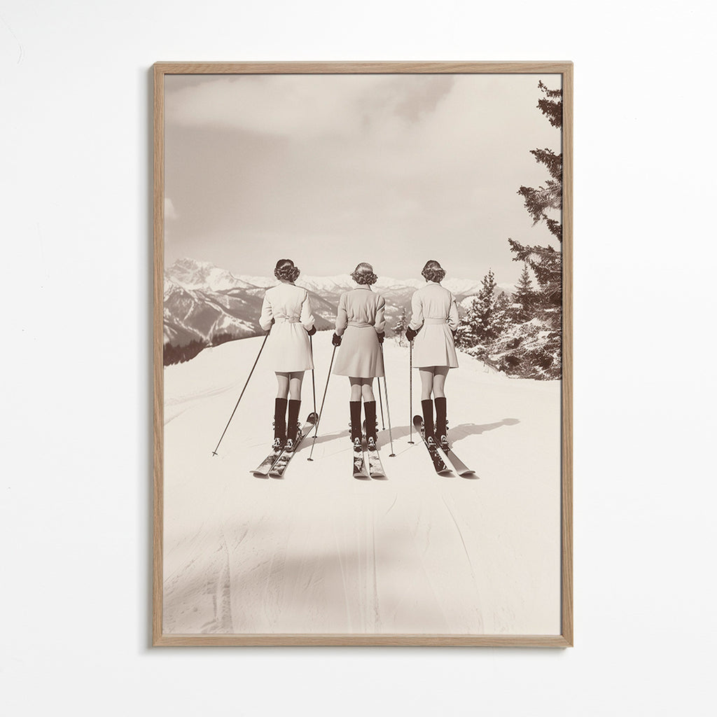 Cuadro vintage: esquiadoras retro en fila – Oak Frame
