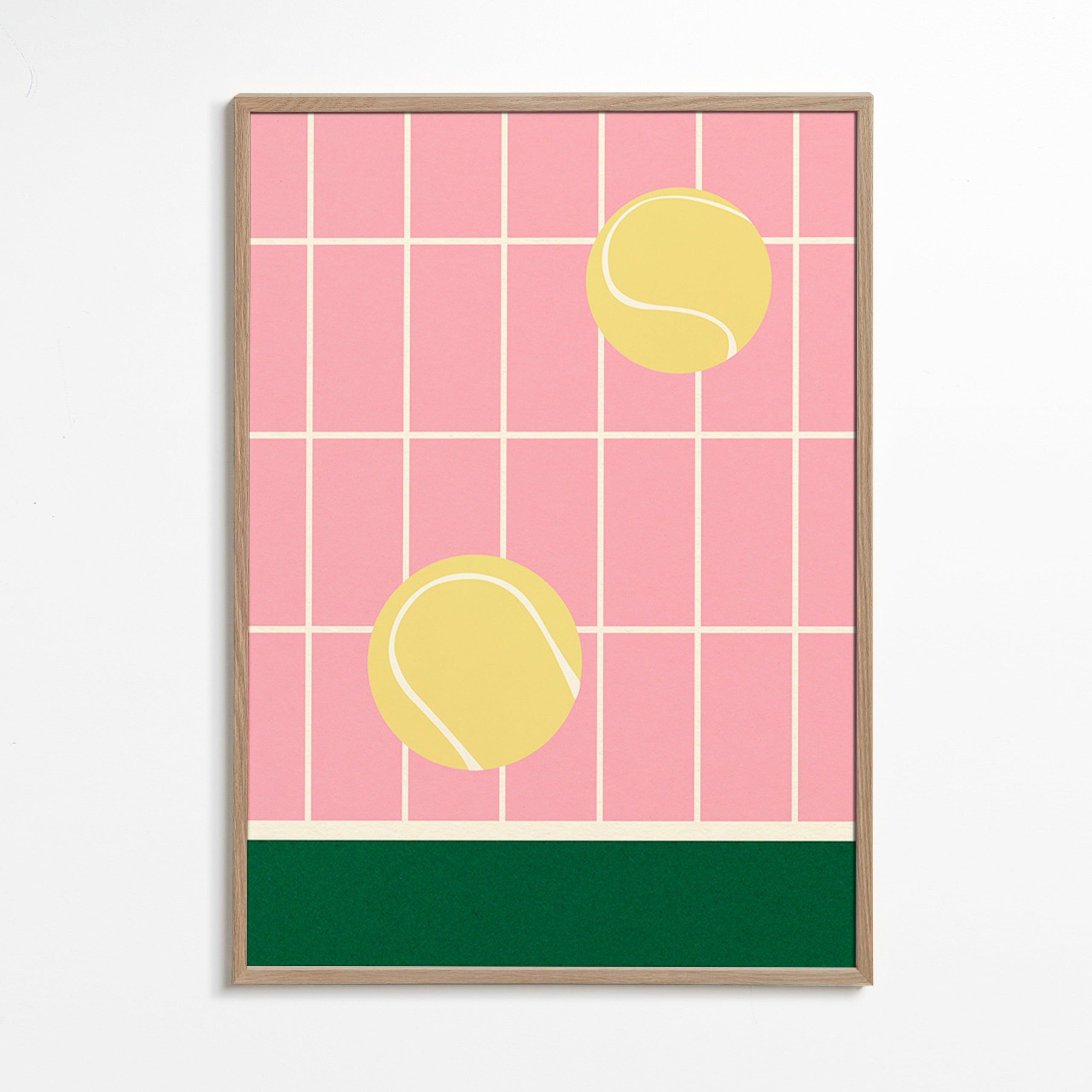 Cuadro deportivo con pelotas de tenis sobre rejilla rosa – Oak Frame