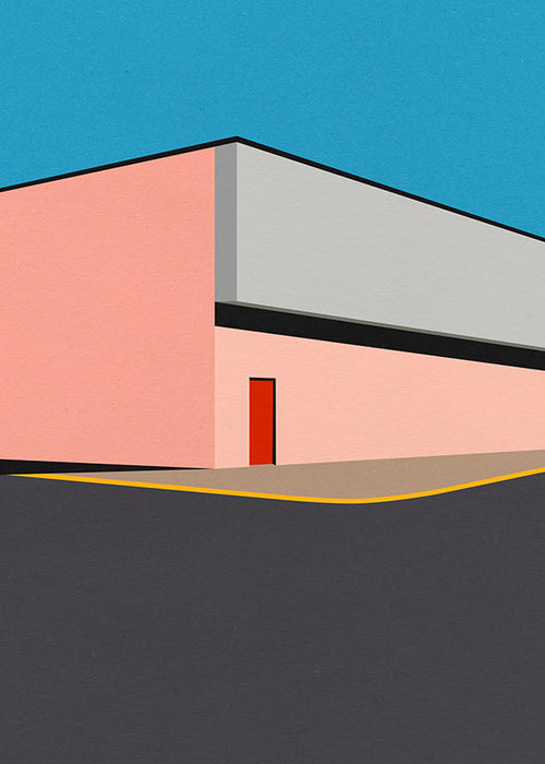 Ilustración minimal de fachada con puerta roja