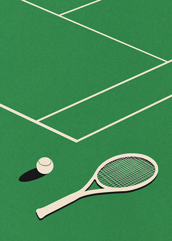 Cuadro deportivo: raqueta y pelota sobre pista minimal