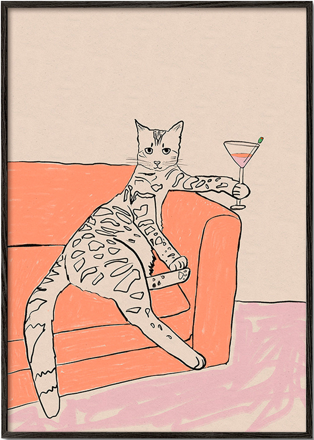 Cuadro de cocina: gato con cóctel sobre sofá – Black Frame