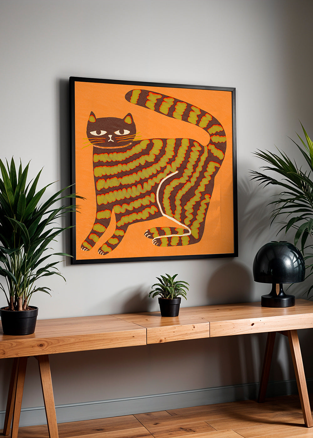 Cuadro gato rayado sobre fondo naranja – Product1
