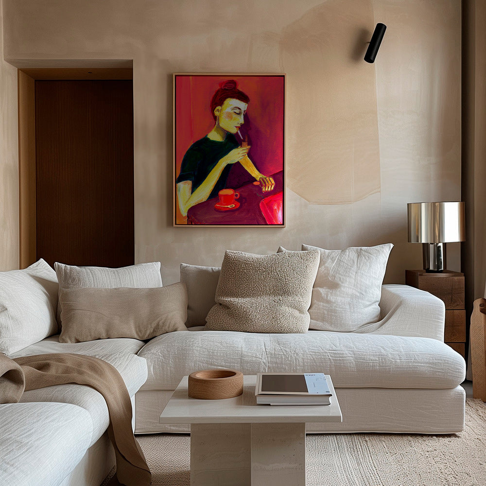 Ilustración de mujer fumando con taza roja – Canvas1