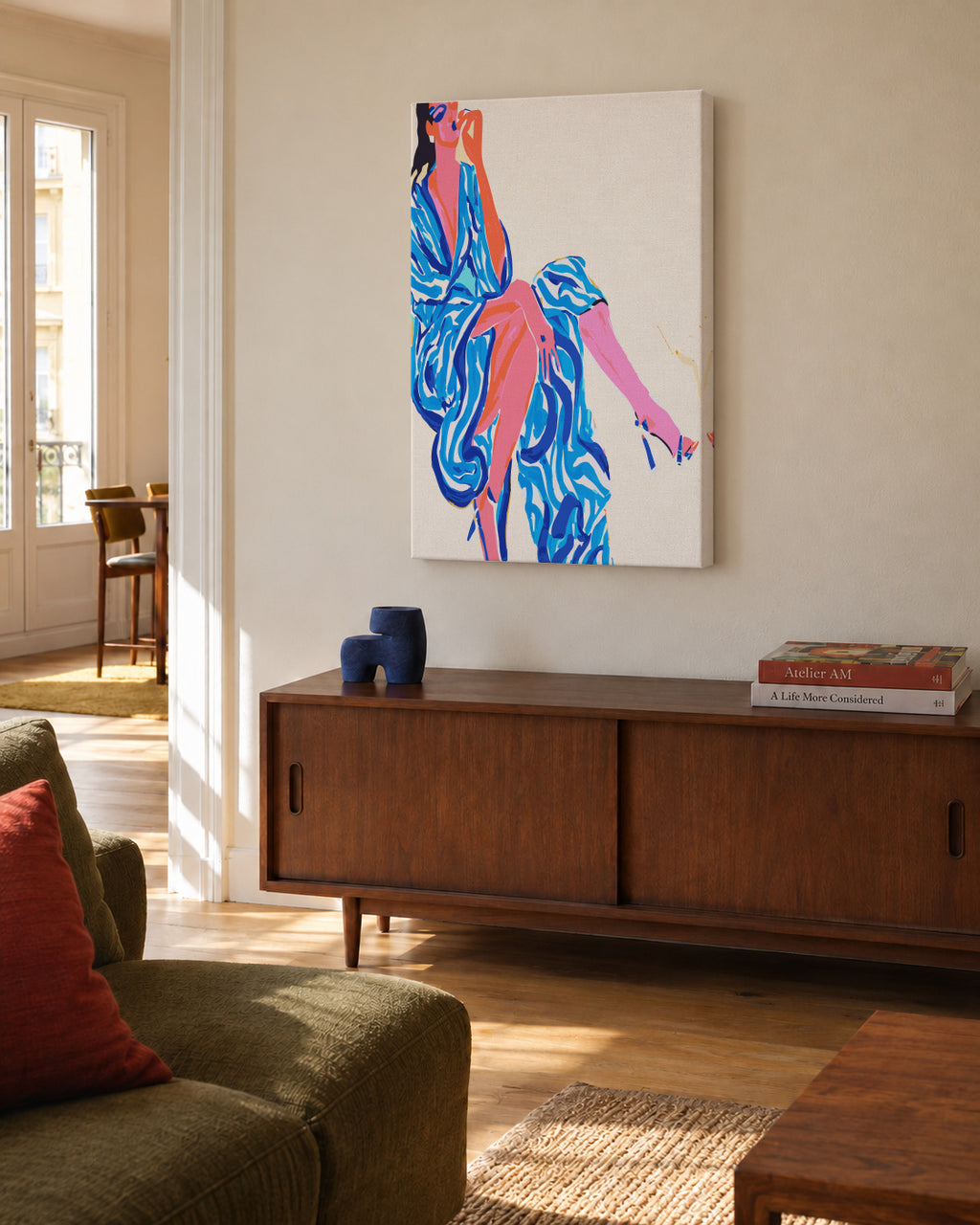 Portrait Woman in robe - Unframed canvas in an interior