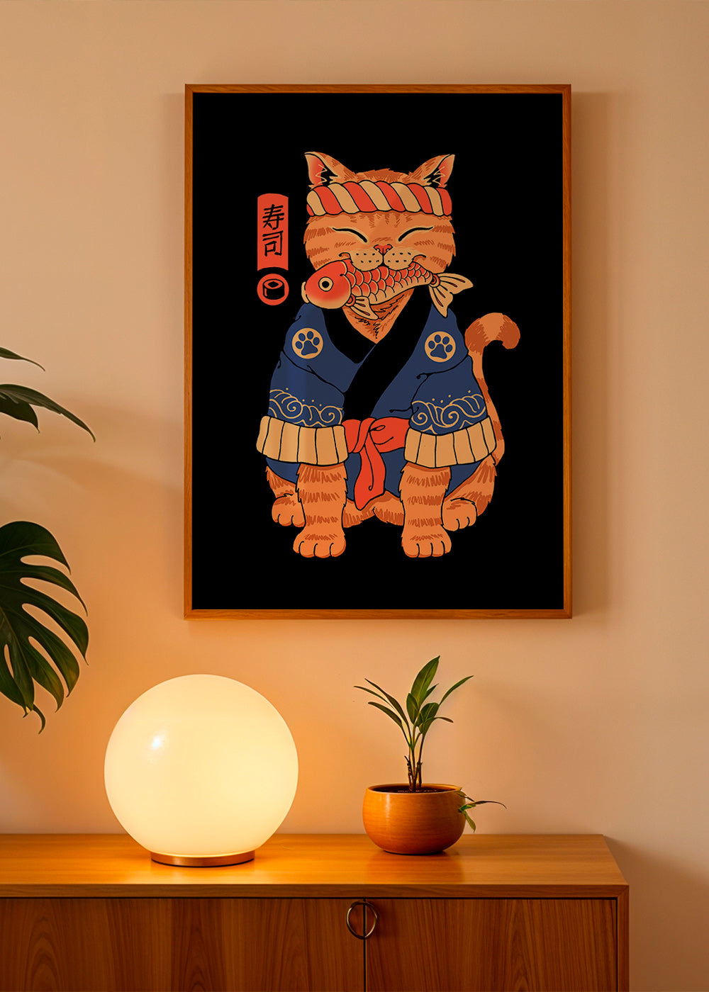 Cuadro gato ilustrado japonés con pez – Product1